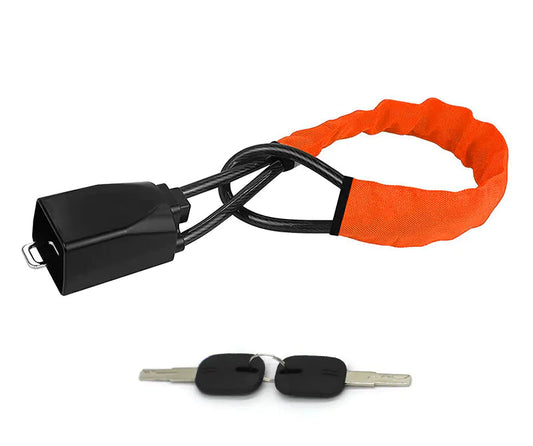 Orange steering wheel security lock with keys on a white background