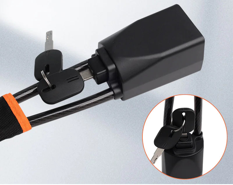 Close-up of steering wheel security lock and keys