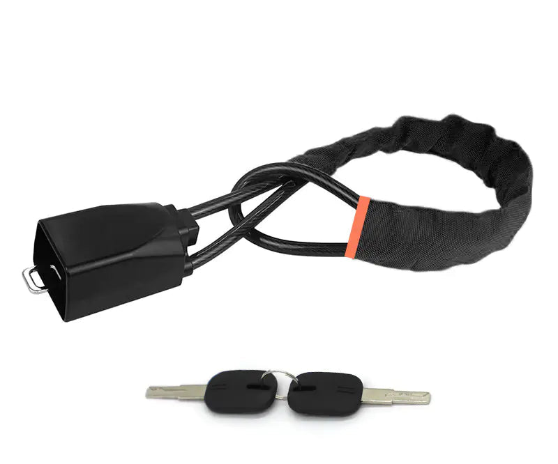 Black steering wheel security lock with keys on a white background