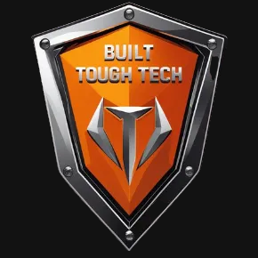 Shield-shaped logo with 'Built Tough Tech' text on an orange background